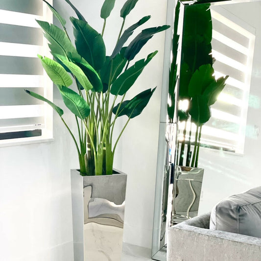 Medium stainless steel cube vase with Bird of Paradise (7′)