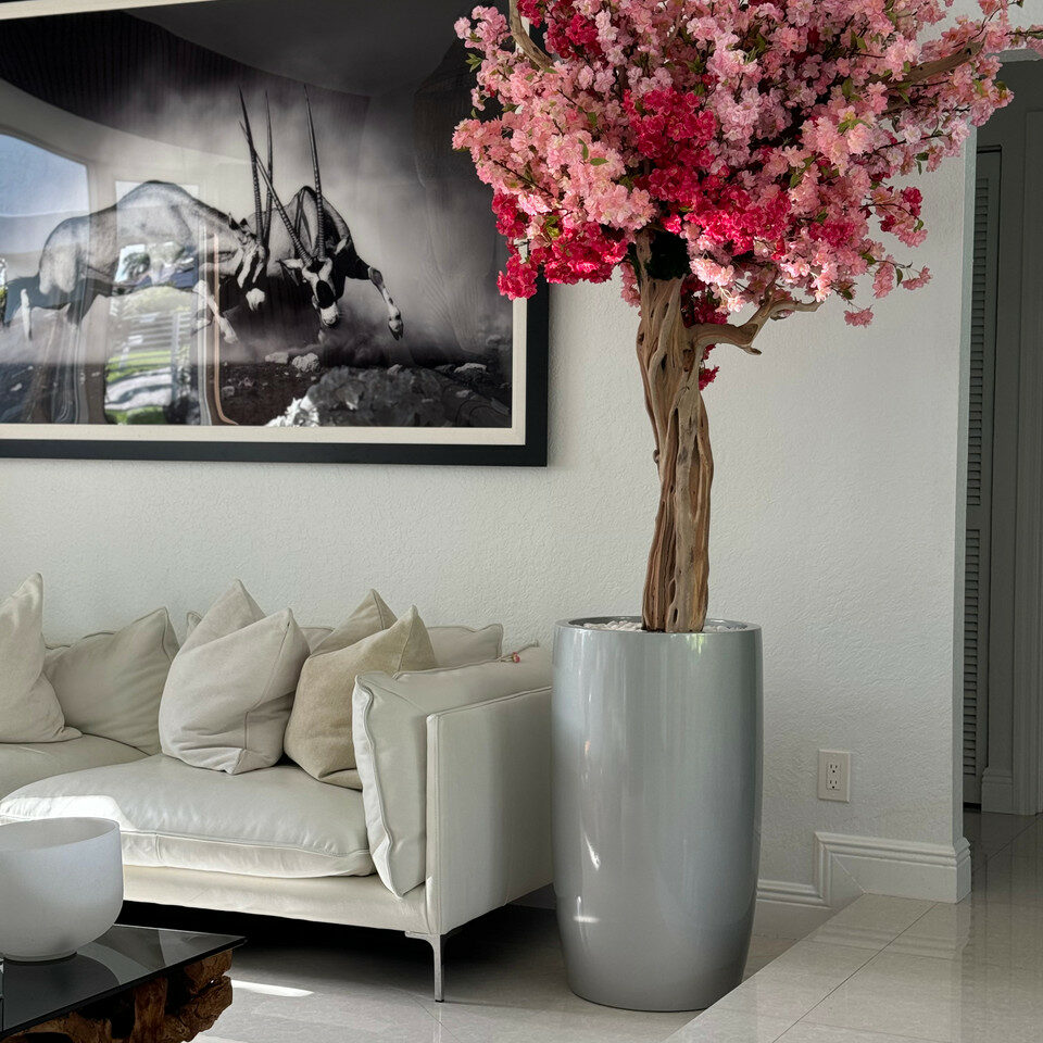 Shiny Silver Lisbon Vase with Custom Tricolor Pink Cherry Blossom
