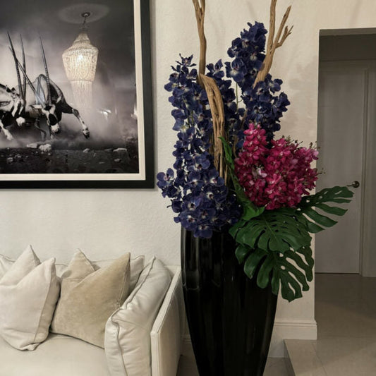 San Jose Vase in Glossy Black with Vanda Orchids