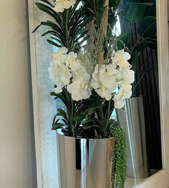 White Vandas in Conical Stainless Steel Planter